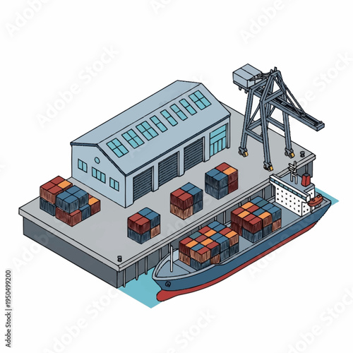 Container Ship Docked at Industrial Port with Crane and Cargo.