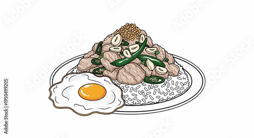 A plate of food featuring rice, meat, chili peppers, garlic slices, and a fried egg