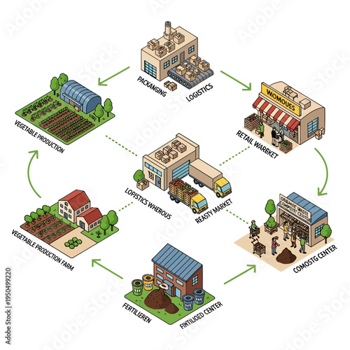 Diagram illustrating the complete supply chain of vegetable production, from farm to consumer, including logistics, packaging, and fertilizer production.