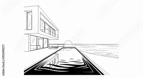 Minimalist modern villa with infinity pool overlooking the ocean at sunset