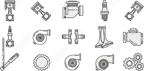 Collection of engine components and mechanical parts in a graphic illustration