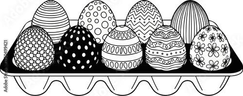 A dozen decorative Easter eggs in a carton with diverse patterns and designs