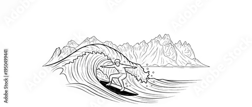 A surfer rides a large wave with mountains in the background