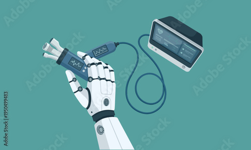 An advanced robotic hand precisely operates a medical diagnostic tool connected to a monitor for data analysis
