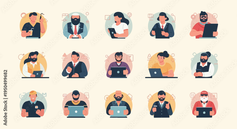 Fototapeta premium Diverse collection of pixelated professional people engaged in various tasks