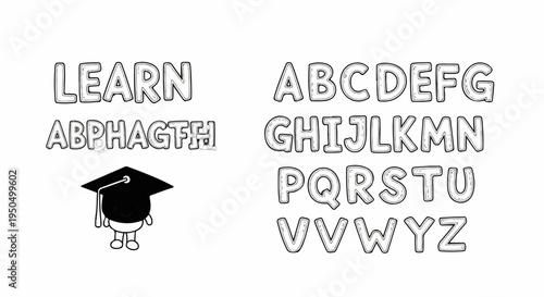Cartoon graduation cap character and alphabet letters for learning
