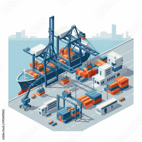 Isometric Container Ship Loading and Unloading Operations.