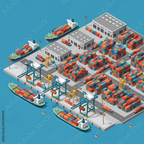 Isometric Container Port with Ships and Cranes.