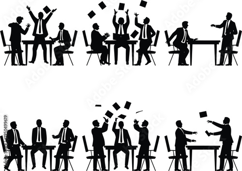 Black silhouette businesspeople in meeting scenarios around tables, expressive gestures, discussions, teamwork dynamics, corporate communication vector illustration artwork