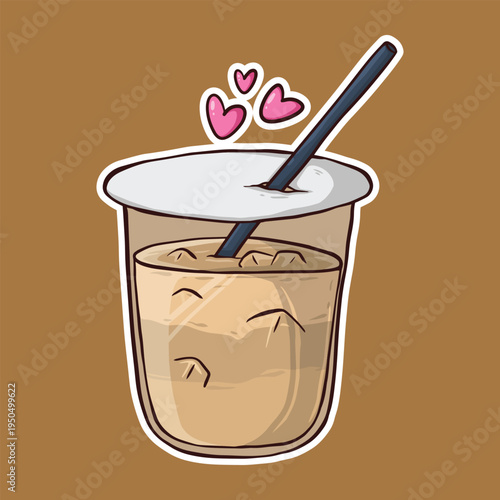 Cartoon illustration of an iced coffee drink in a plastic cup with a straw and floating hearts.