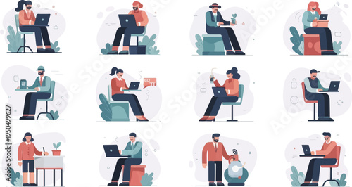 Diverse individuals engaged in modern work, some with plants, others with gadgets