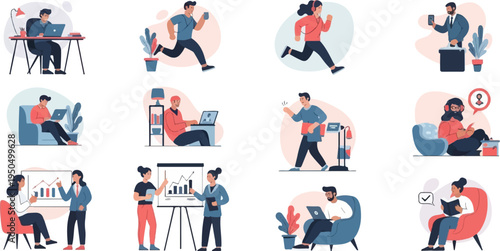 Illustrations of people engaging in various activities, including work, exercise, and relaxation