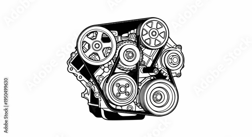 Detailed illustration of a complex automotive engine belt and pulley system