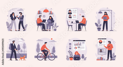 Illustrated scenes of people working, commuting, and relaxing indoors and outdoors
