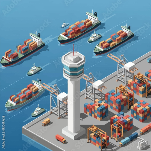 Modern Container Port with Cargo Ships and Cranes.