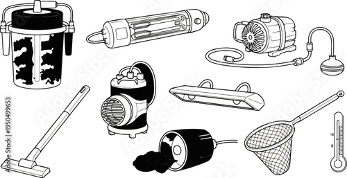 Collection of aquarium maintenance and water testing equipment illustrations