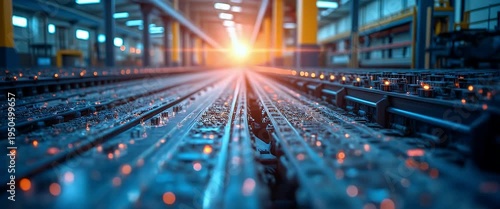 Cinematic close-up of a high-tech factory conveyor belt in motion, with a slow camera pan capturing the dynamic assembly process and ambient industrial lighting, showcasing innovation and technology.
