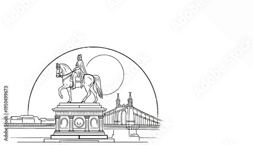 Horseback equestrian statue before a monumental bridge under an arch