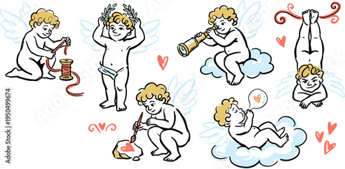 Adorable cupids in various playful poses perfect for romantic and valentine's day designs