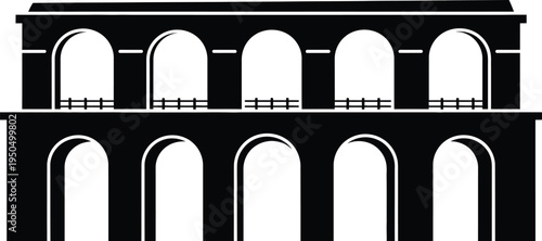 Black silhouette of aqueduct with multiple arches, ancient roman architectural structure, historical water bridge
