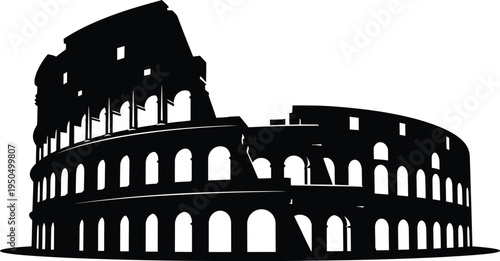 Silhouette of ancient roman coliseum in black color, famous landmark of rome, italy, historical building