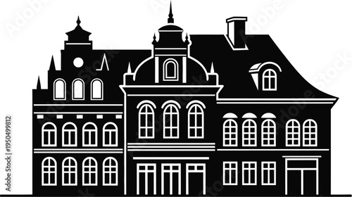 Line art silhouette of traditional european city houses, old town street with classic architecture