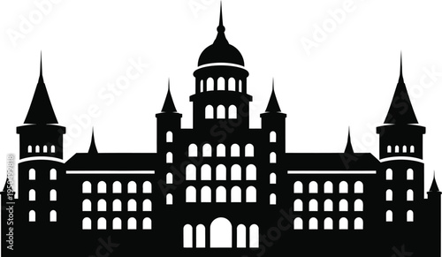 Silhouette of grand european palace or government building with domes and spires, majestic architecture