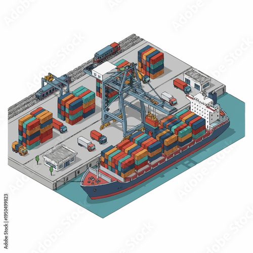 Container Ship Loading and Unloading at Port Terminal.
