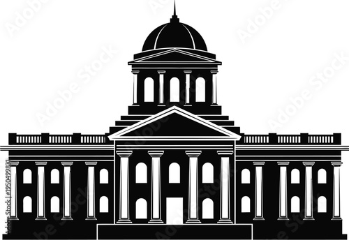 Black silhouette of a neoclassical building with columns and a dome
