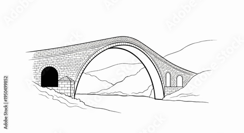 An artistic sketch of an ancient stone bridge arching over a serene river