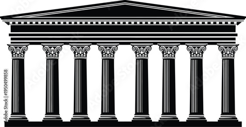 Black silhouette of a Greek temple with ionic columns and a pediment