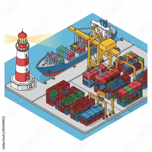Isometric Port Scene with Cargo Ship and Lighthouse.