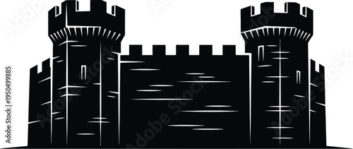 Fortified castle wall silhouette with defensive towers for historical illustration