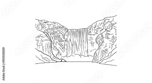 Black and white drawing of a grand waterfall cascading between rocky cliffs