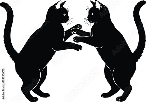 Cat silhouette vector illustration, playful feline artwork, two cats standing, sparring or dancing pose, symmetrical design, animal interaction concept, pet art
