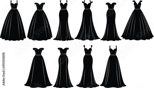 Evening gown silhouette vector illustration, fashion dress artwork, elegant clothing design, formal wear concept, women’s outfit artwork, gala event fashion vector