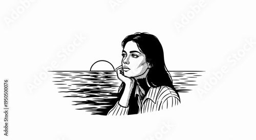 Woman with chin resting on hand, looking out at a serene sunset over water