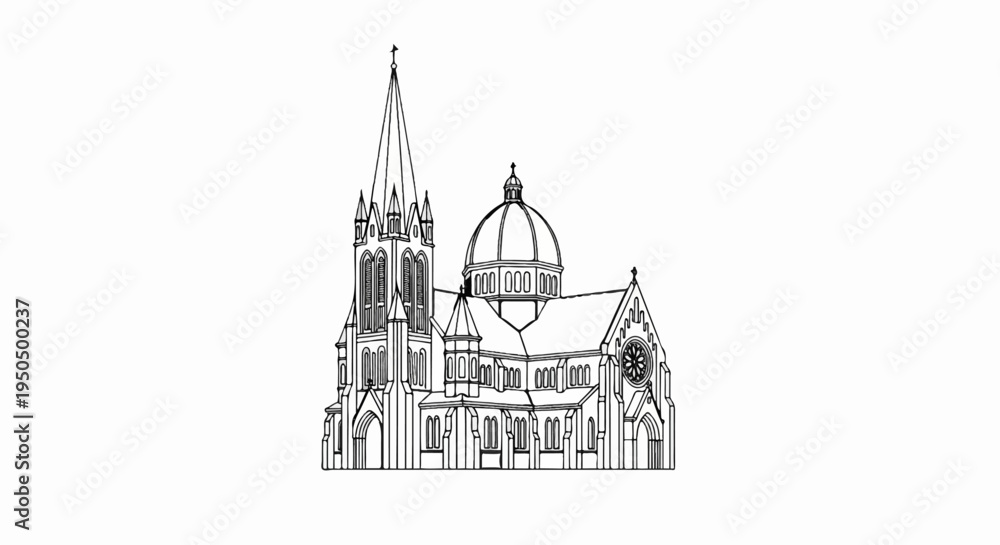 Obraz premium Detailed line art of a grand cathedral with a tall spire and dome