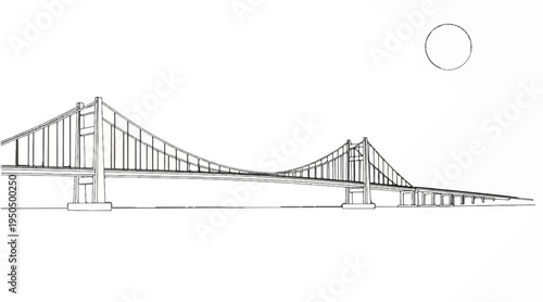 Sketchy outline of a long suspension bridge with towers and cables, against a white background