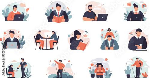 Diverse individuals engaged in work, reading, and outdoor pursuits with stylized backgrounds