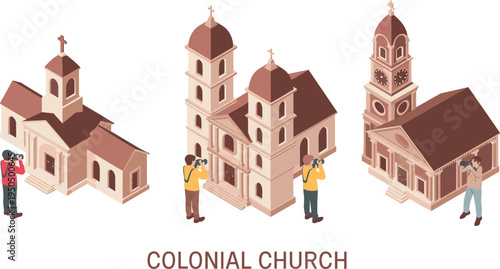 Isometric colonial church architecture set with historic buildings and photographers, religious landmark tourism illustration collection