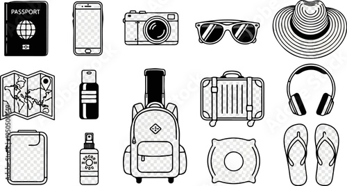 Collection of travel essentials including passport, phone, camera, sunglasses, hat, and luggage