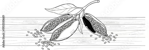 Opened pods with seeds spilling onto a wooden surface