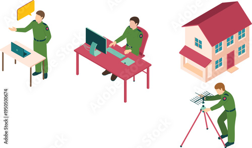 Isometric communication operators with computer workstation, laptop presentation, signal antenna technician and residential house security monitoring illustration set