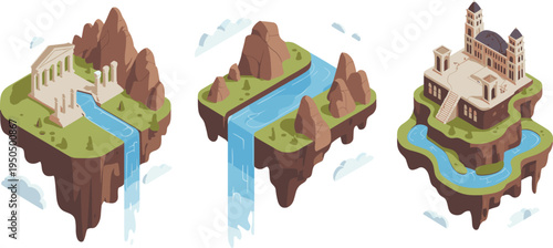 Isometric floating island landscapes with waterfalls, mountains, ancient temple ruins and cathedral architecture fantasy environment illustration collection set