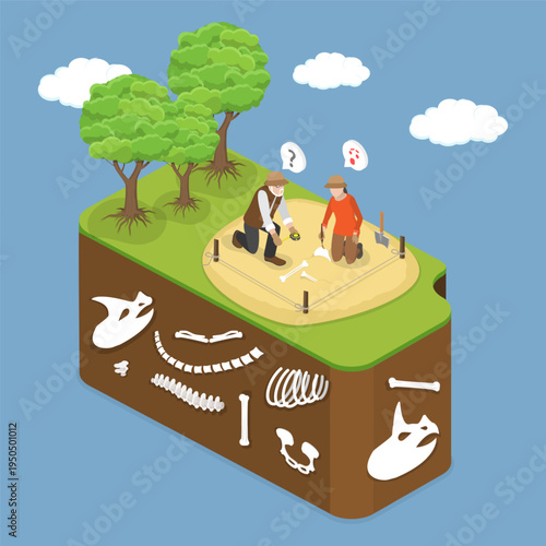 3D Isometric Flat Vector Illustration of Paleontology, Archaeologists Uncovering Dinosaur Skeletons
