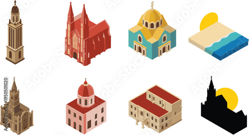 Isometric historic church and cathedral architecture icons set with religious landmarks, basilica domes and heritage tourism illustration collection