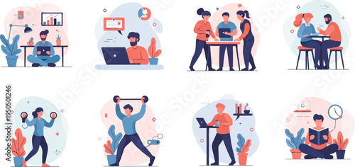 Diverse people engaged in various activities work, fitness, and leisure