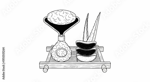 Black and white drawing of aloe vera slices and a patterned bottle