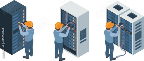 Isometric IT technicians installing and maintaining server racks with network cables in data center infrastructure and cloud computing environment